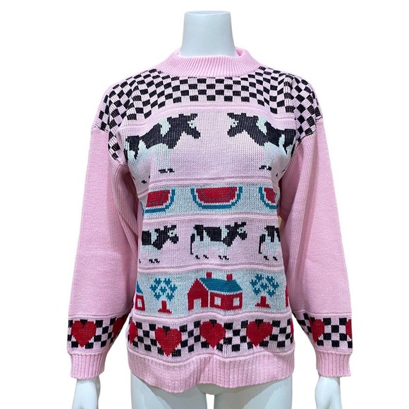 Vintage Sweaters - Adele Vintage Pink Hearts Cow Farmstead Sweater
